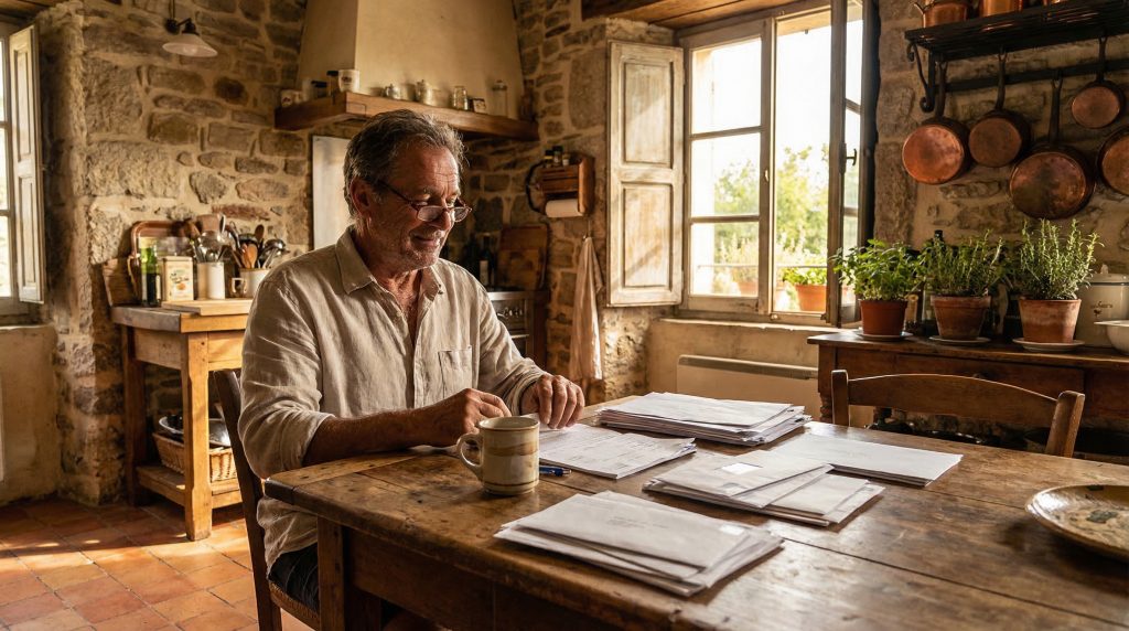 Propriétaire corse consultant les documents d'aide pour son installation de panneaux solaires à son domicile