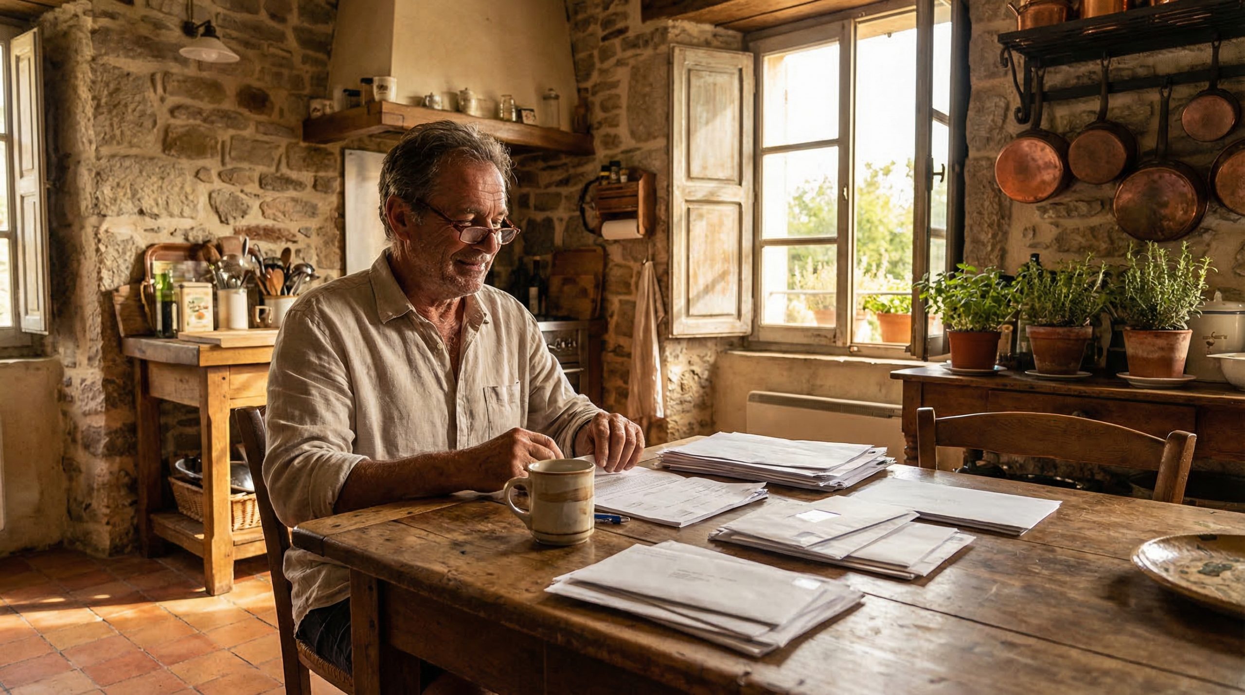 Propriétaire corse consultant les documents d'aide pour son installation de panneaux solaires à son domicile