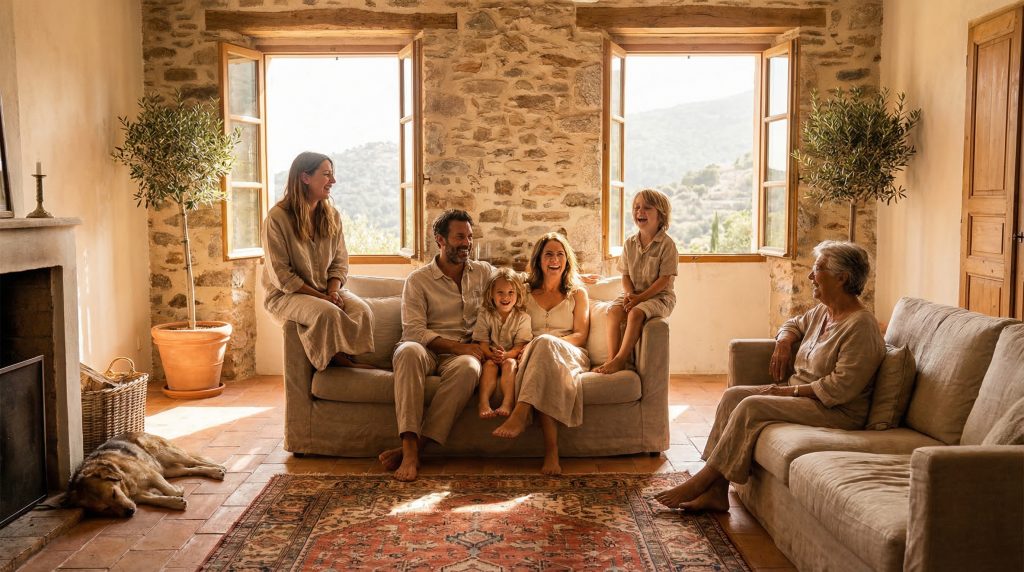 Famille corse dans son salon baigné de soleil après l'installation de panneaux solaires sur leur maison à Ajaccio