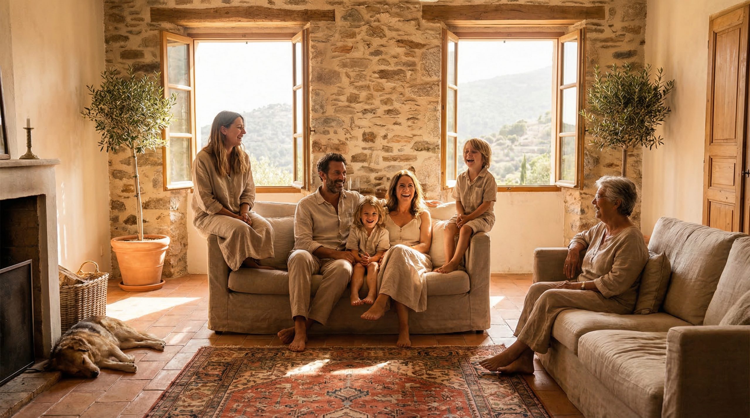 Famille corse dans son salon baigné de soleil après l'installation de panneaux solaires sur leur maison à Ajaccio