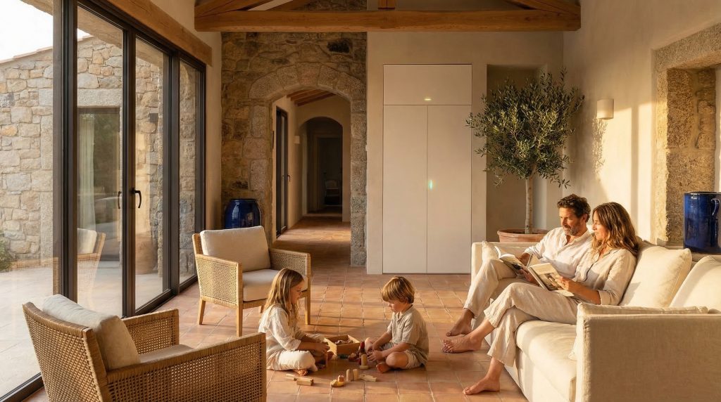 Maison corse connectée avec système de stockage solaire et écran de suivi de production énergétique en temps réel