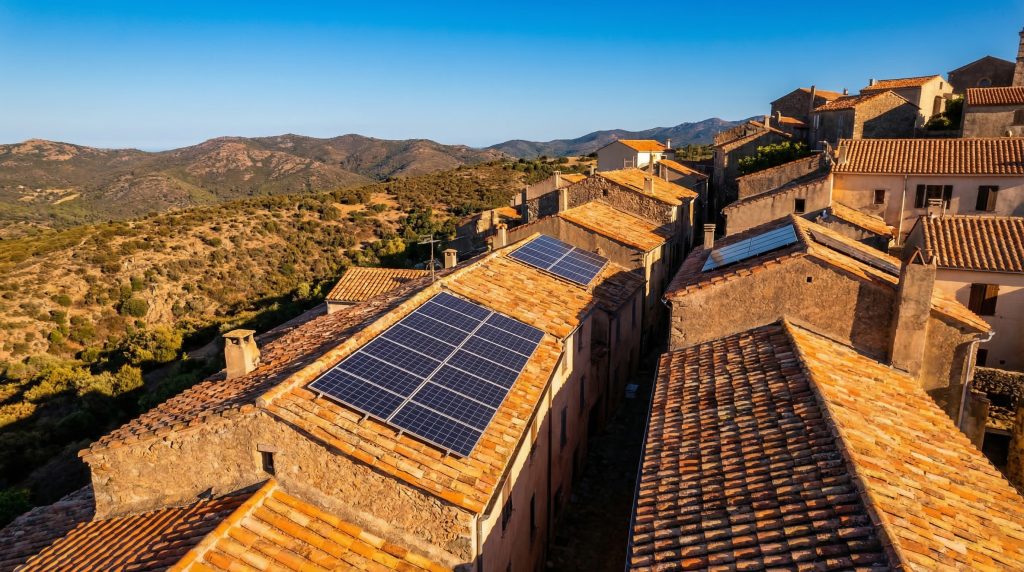 Toiture corse ensoleillée avec panneaux solaires installés sous un ciel bleu méditerranéen