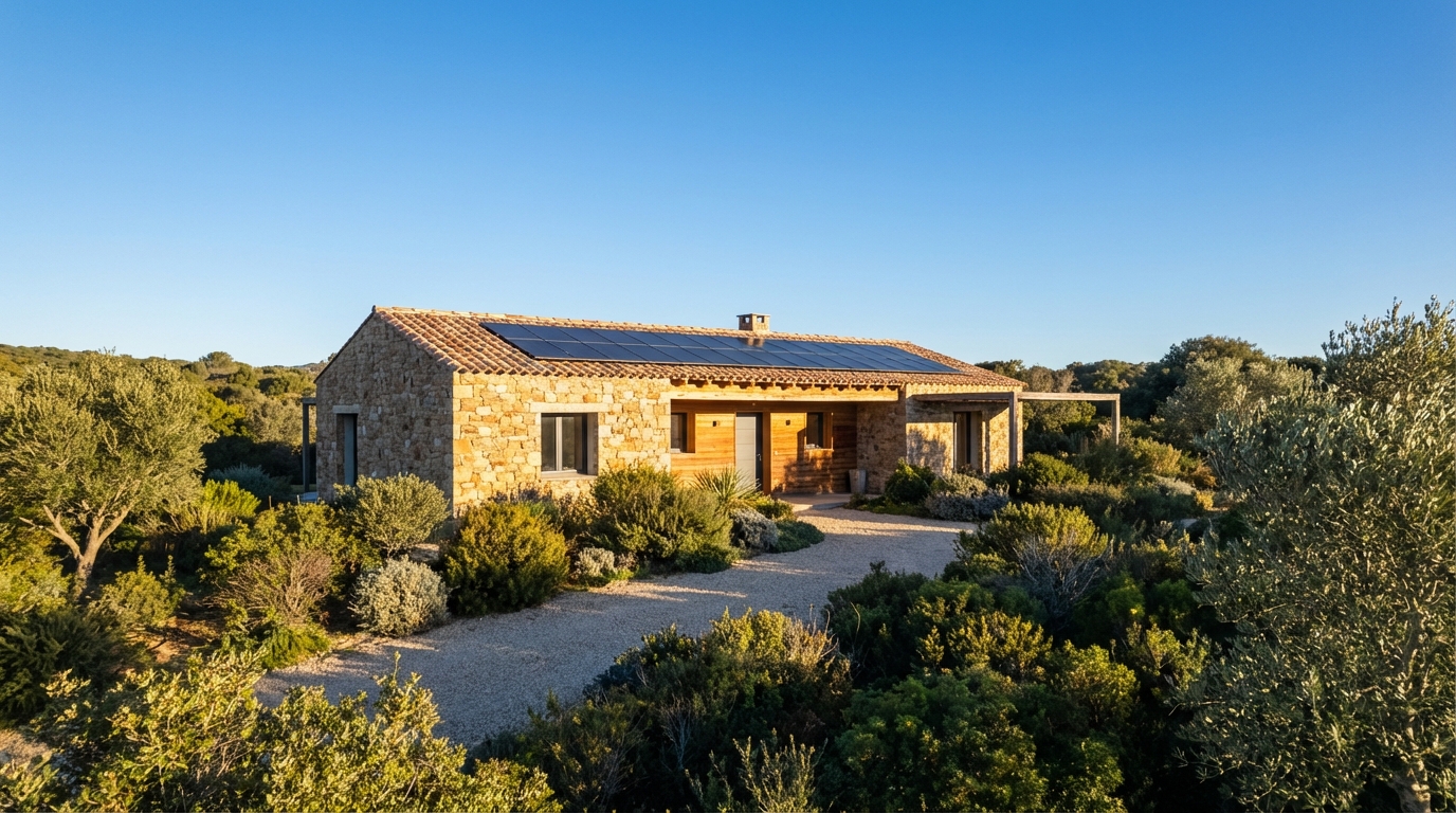 Maison corse moderne équipée de panneaux solaires sous un ciel bleu hivernal lumineux en début d'année 2026