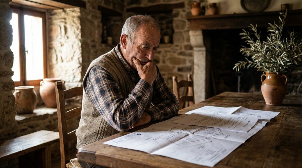 Propriétaire corse attentif consultant les documents de son projet d'installation solaire pour éviter les erreurs