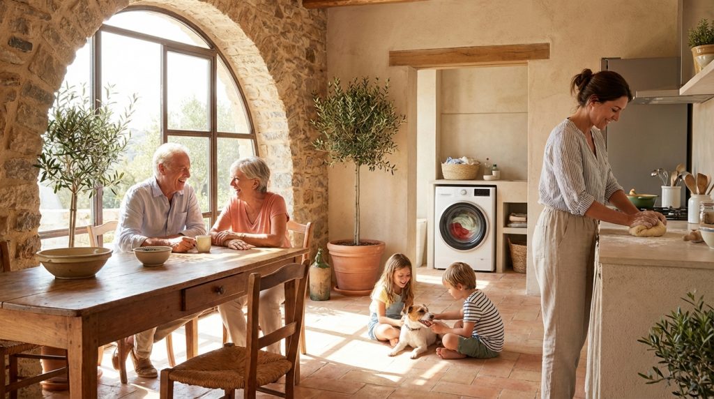 Famille corse dans son intérieur lumineux en journée, profitant de son électricité solaire pour faire tourner ses appareils
