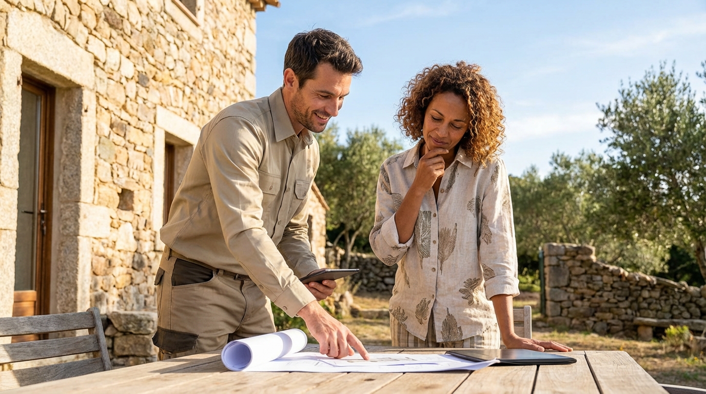 Technicien solaire en uniforme propre expliquant un projet à un propriétaire corse devant sa maison en pierre