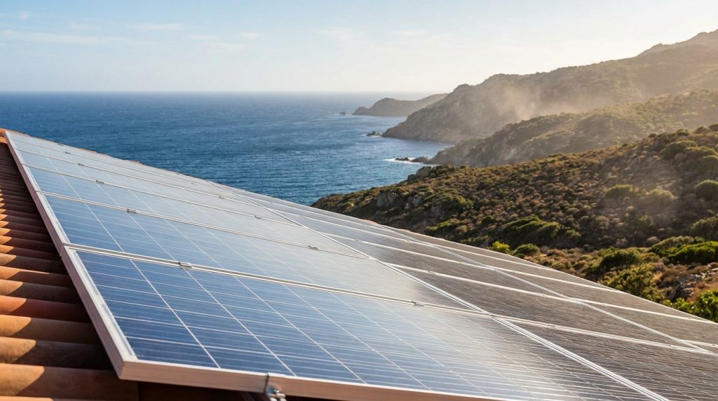 Panneaux solaires propres et brillants installés sur une toiture en bord de mer en Corse avec la Méditerranée en arrière-plan