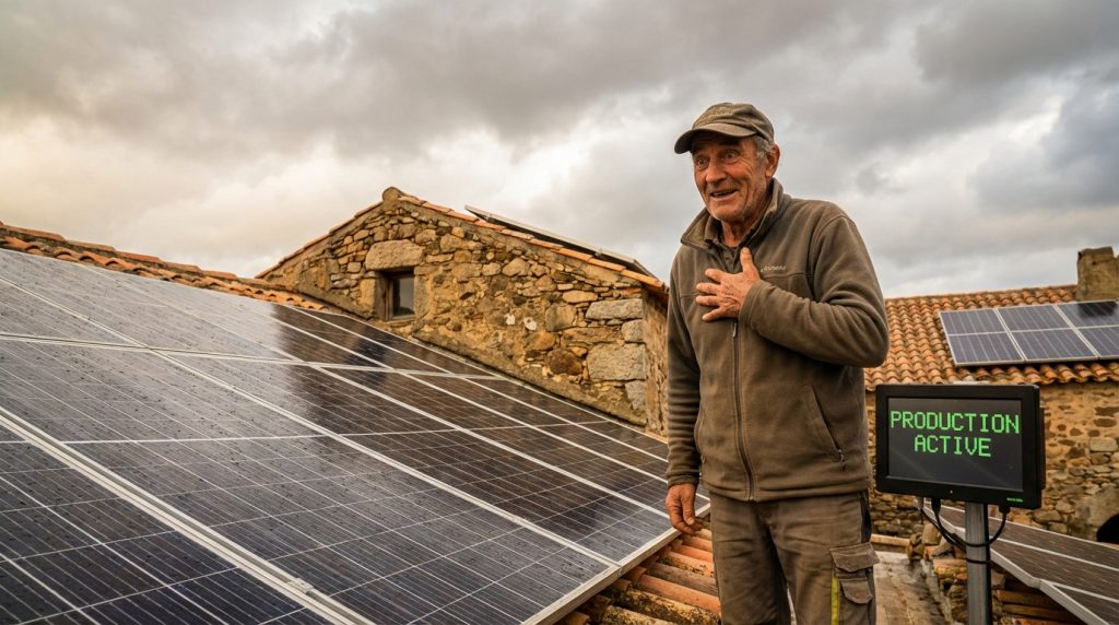 Propriétaire corse souriant à côté de ses panneaux solaires par temps nuageux, prouvant que les idées reçues sont fausses