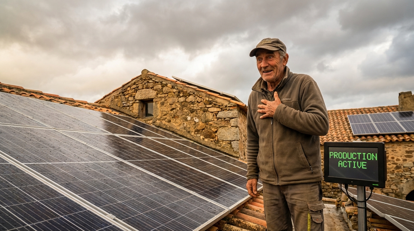 Propriétaire corse souriant à côté de ses panneaux solaires par temps nuageux, prouvant que les idées reçues sont fausses