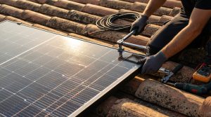 Mains d'un technicien FRH installant un panneau solaire haute performance sur une toiture corse en tuiles