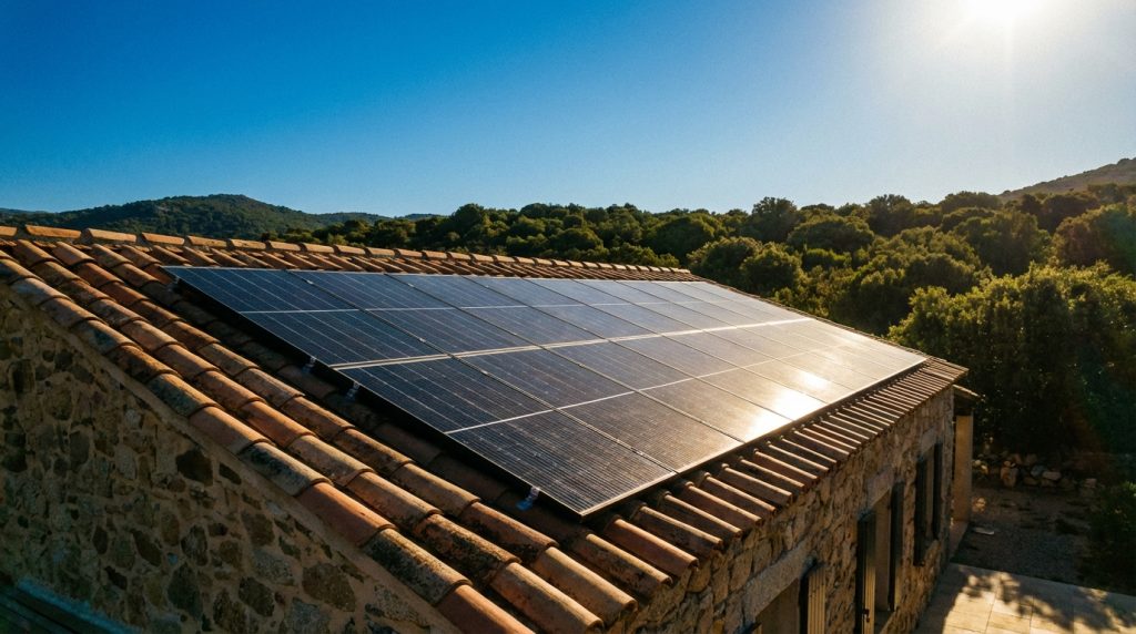 Panneaux solaires sur une toiture corse sous un ciel bleu estival intense avec le maquis en arrière-plan