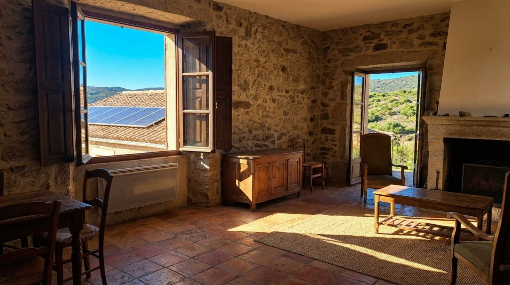 Vue depuis l'intérieur d'une maison corse vers une fenêtre ouverte avec des panneaux solaires visibles sur les toits voisins sous un soleil intense