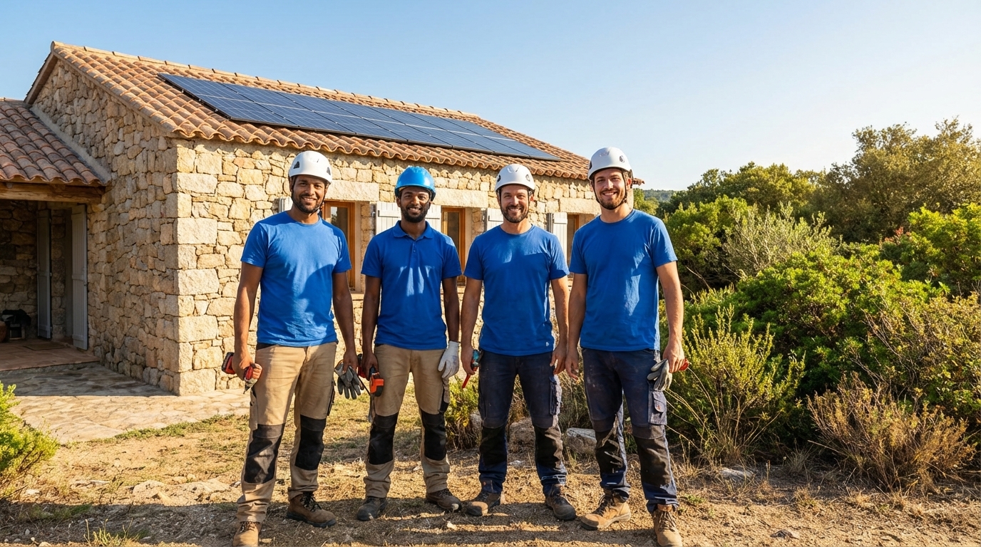 Équipe d'installateurs solaires FRH Environnement réunie après un chantier réussi en Corse