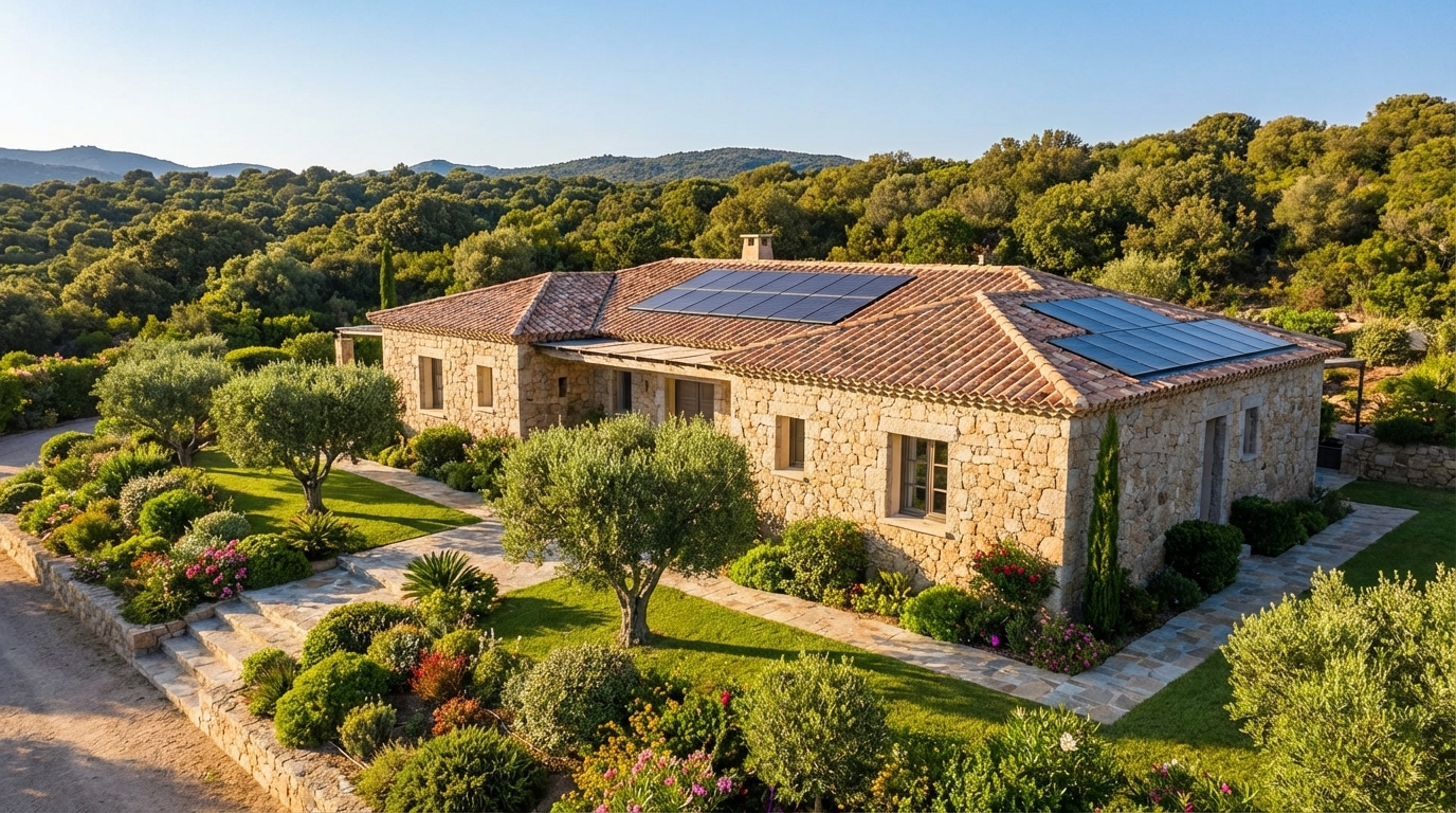 Belle maison corse en pierre avec panneaux solaires sur le toit sous un ciel bleu méditerranéen, style photo immobilière