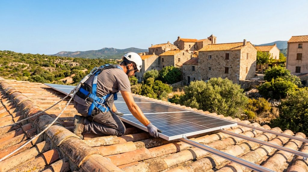 Technicien installant des panneaux solaires sur une toiture en tuiles corses par beau temps