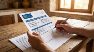 Mains d'un propriétaire vérifiant attentivement un devis d'installation de panneaux solaires en Corse avec un stylo