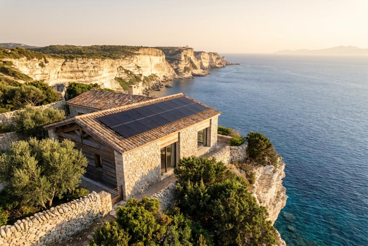 Panneaux solaires à Bonifacio sur toiture tuile canal en Corse-du-Sud