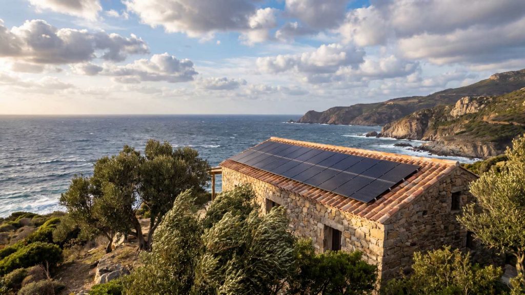 Maison corse en pierre avec panneaux solaires photovoltaïques sur toit en tuiles canal, exposée au vent libeccio sur la côte méditerranéenne en Corse