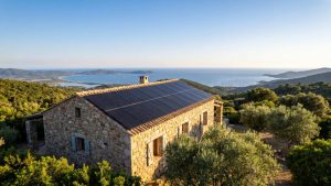 Installateur photovoltaïque à Ajaccio — panneaux solaires sur toit corse au-dessus du golfe