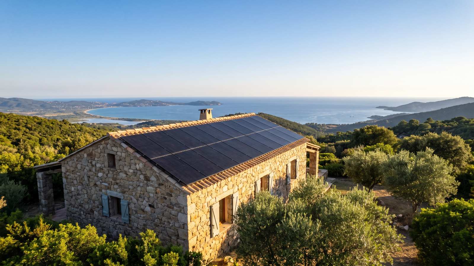 Installateur photovoltaïque à Ajaccio — panneaux solaires sur toit corse au-dessus du golfe