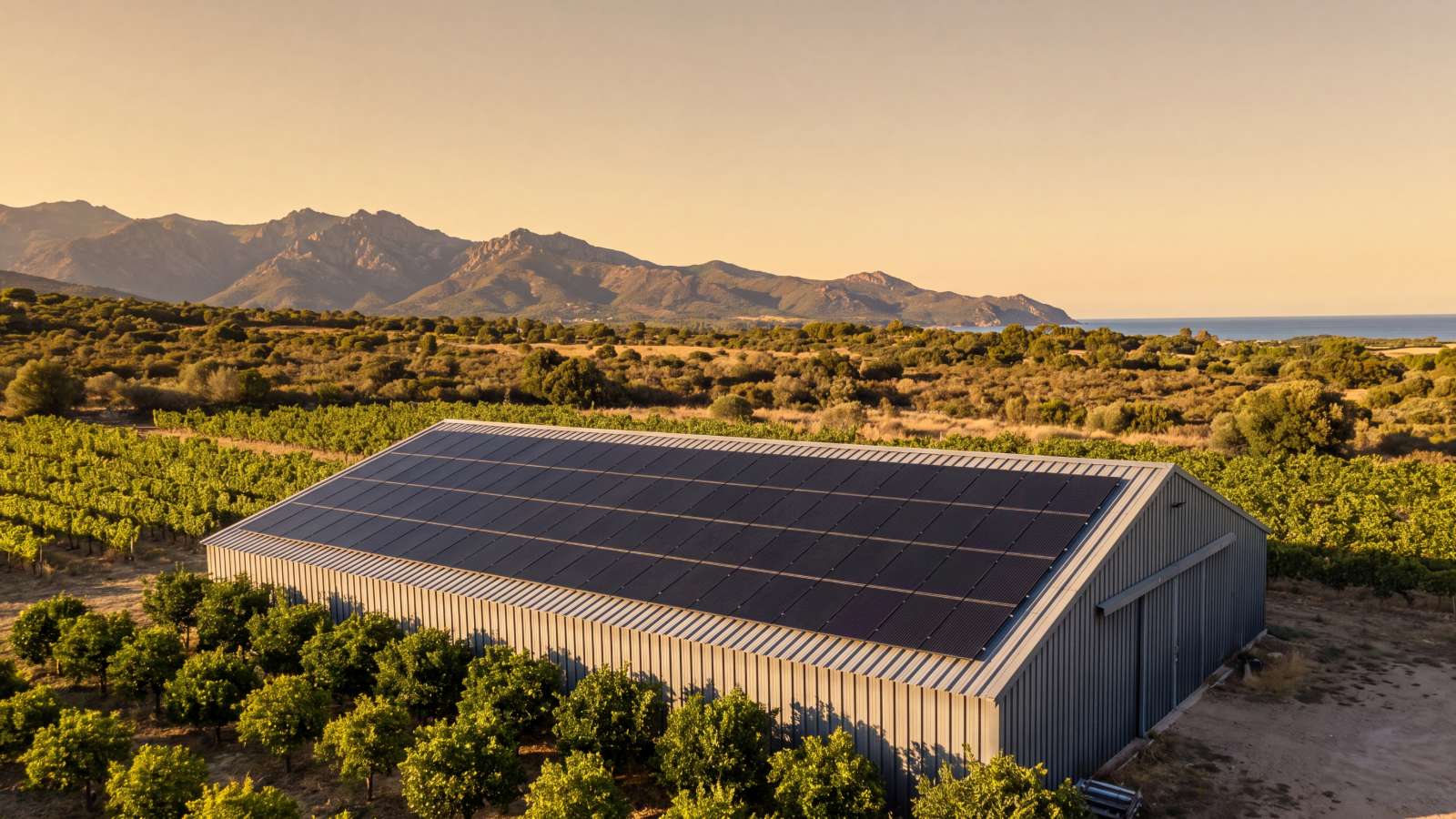 Panneaux solaires à Ghisonaccia installés sur la toiture d’un hangar agricole de la Plaine orientale, en Corse