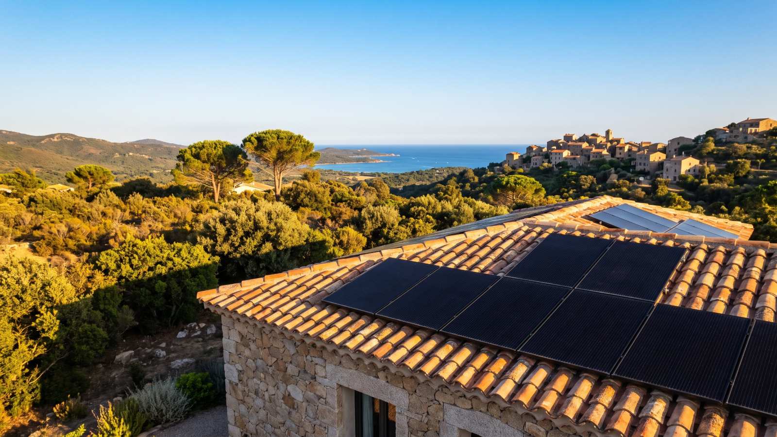 Panneaux solaires sur une villa en pierre près de Sartène, Corse-du-Sud