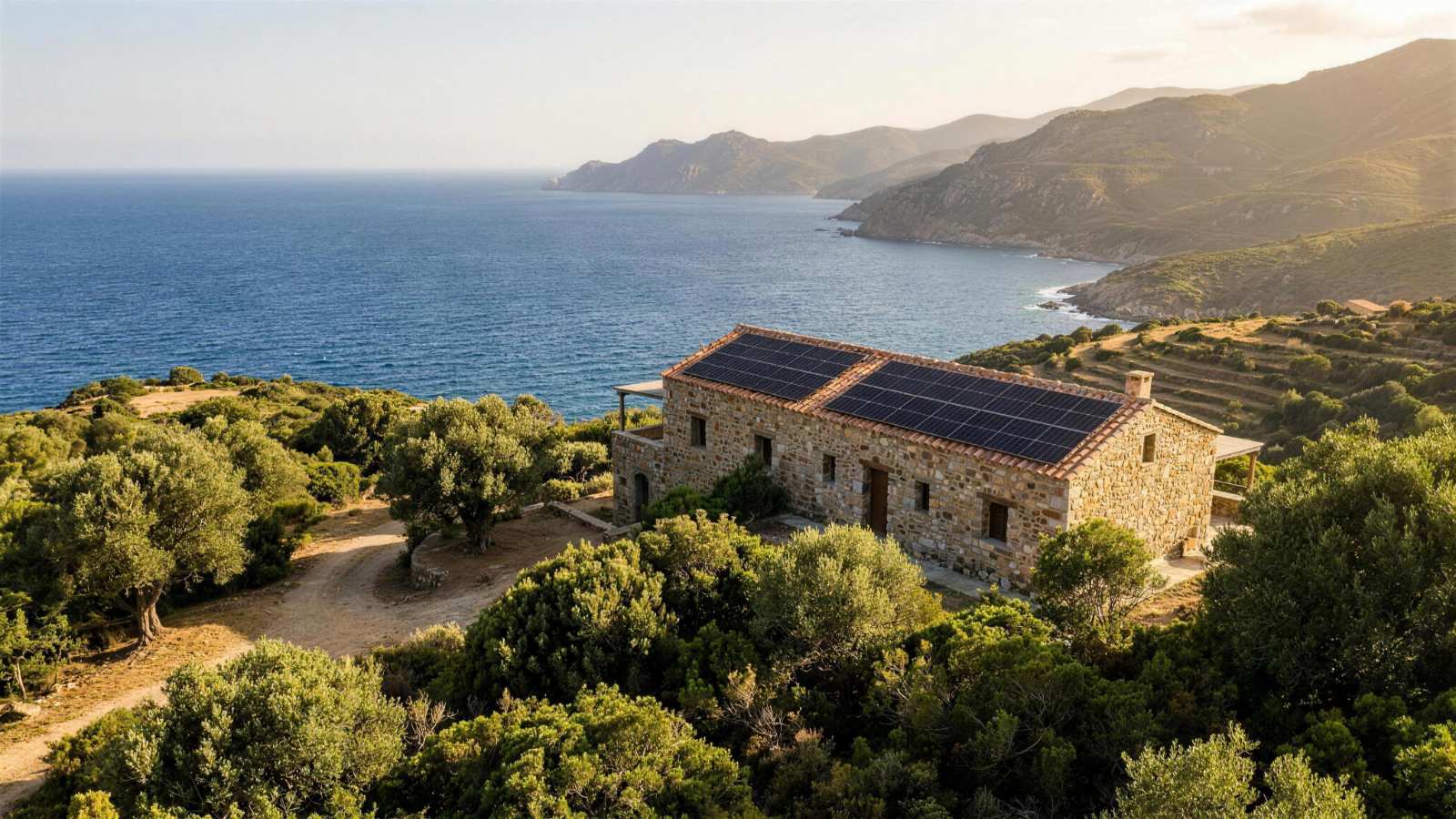 Prix électricité EDF Corse 2026 : maison corse en pierre avec panneaux solaires en autoconsommation face à la Méditerranée