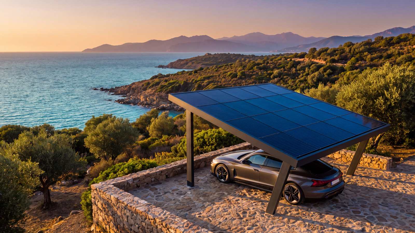 Ombrière photovoltaïque en Corse : carport solaire avec panneaux, terrasse en pierre face à la mer Méditerranée