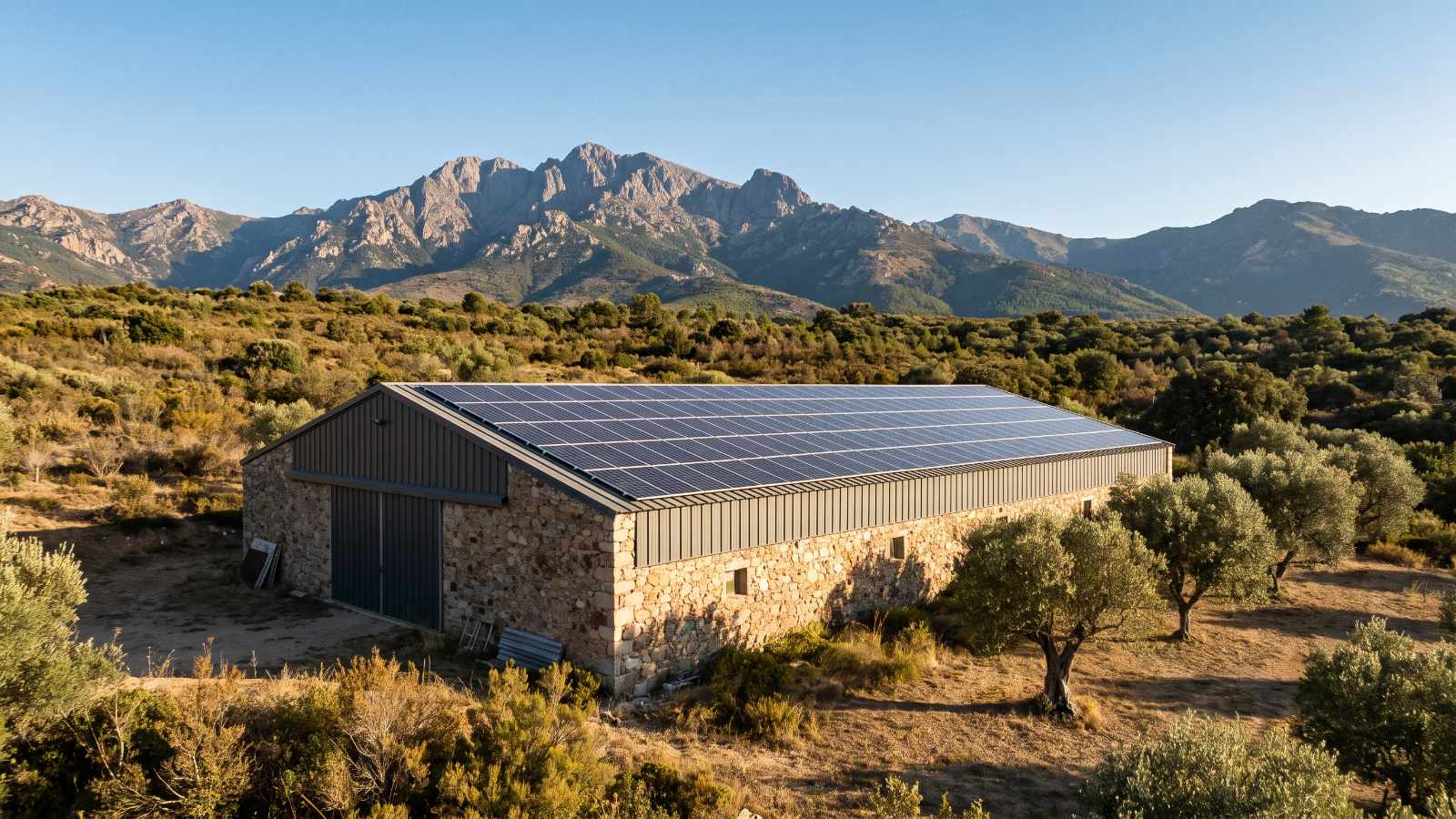 Centrale solaire agricole en Corse : hangar photovoltaïque
