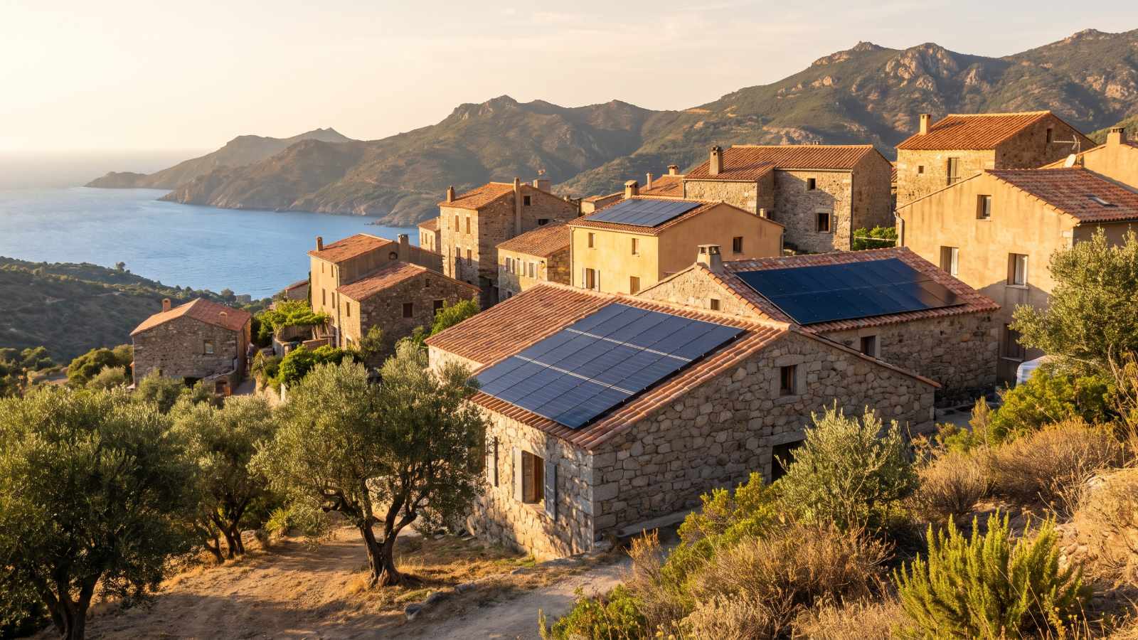 Village corse avec panneaux solaires en toiture, illustration déclaration préalable panneaux solaires en Corse